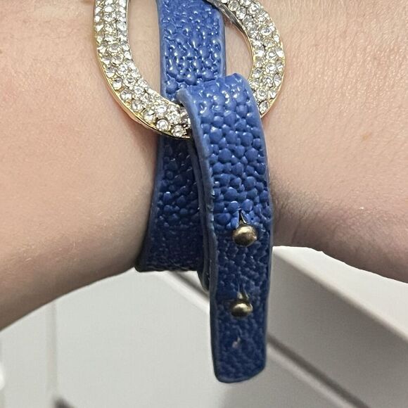 Gold Rhinestone Buckle Navy Royal Blue Textured Bracelet - Picture 3 of 4